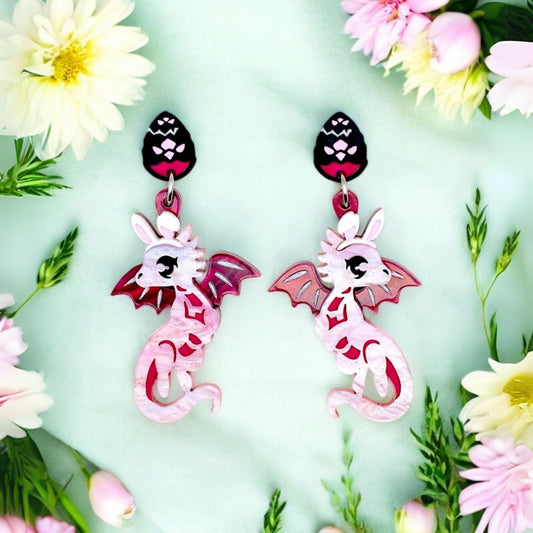LIMITED EDITION: 'Easter Bunny' Dragons - Acrylic Dangle Earrings - Handmade Fantasy Jewellery