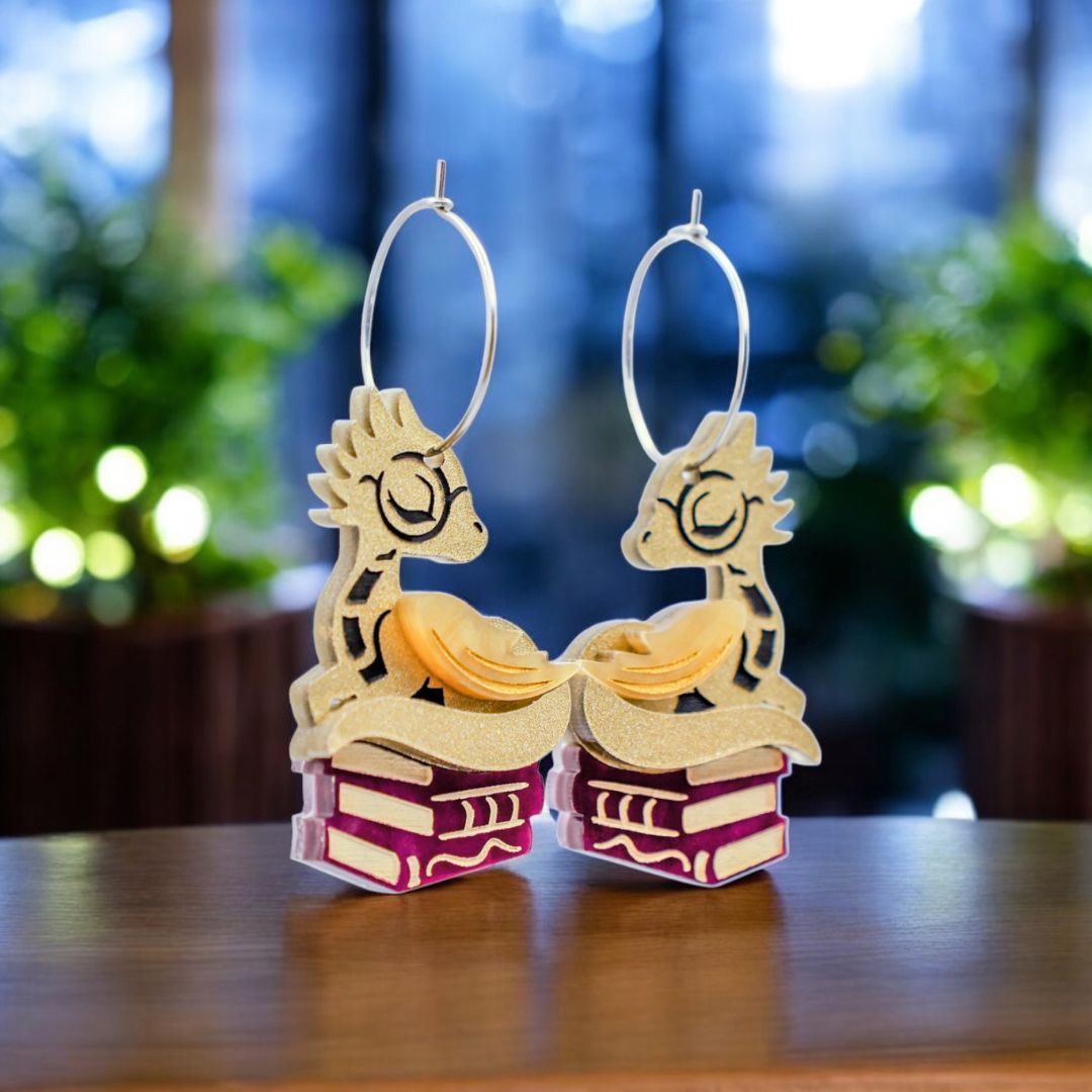 NEW Sleepy Book Dragon Hoop Earrings - Handmade Fantasy Jewellery