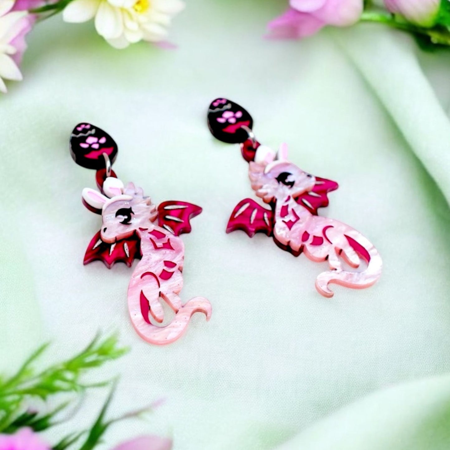LIMITED EDITION: 'Easter Bunny' Dragons - Acrylic Dangle Earrings - Handmade Fantasy Jewellery