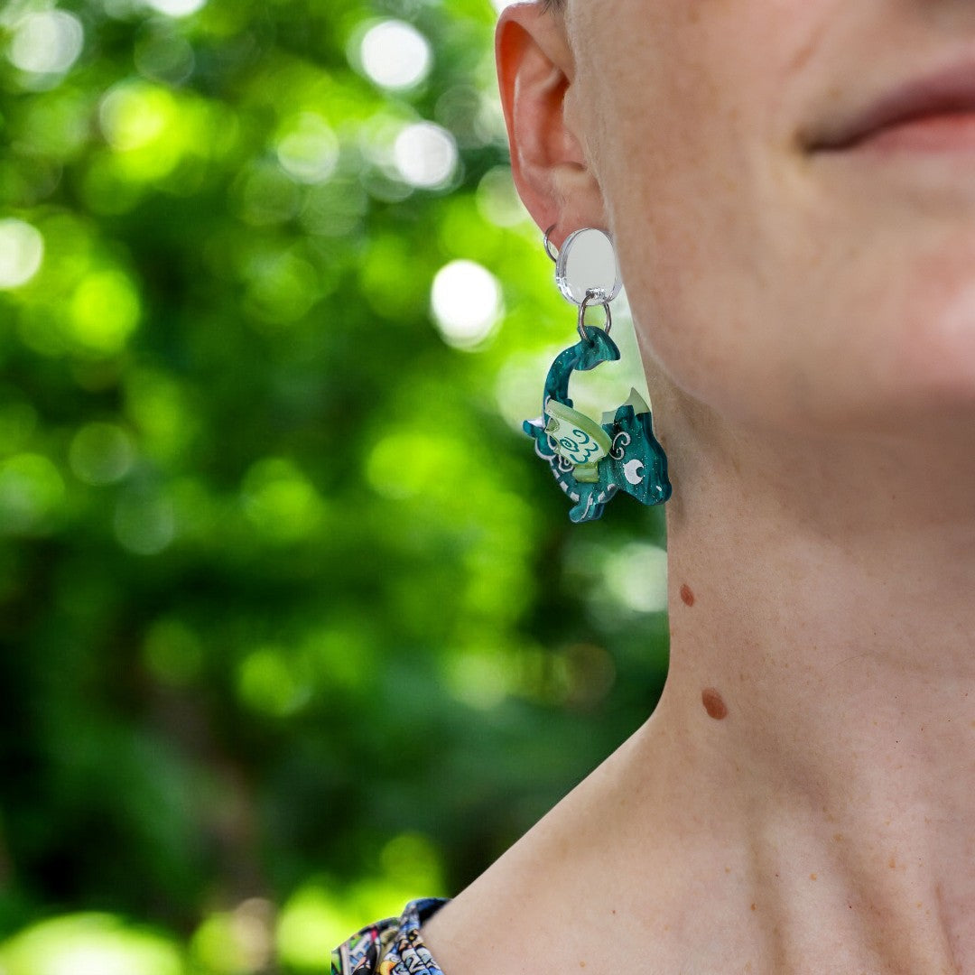 3D 'Galaxa' Teal Dragon Dangles - Acrylic Earrings - Handmade Fantasy Jewellery
