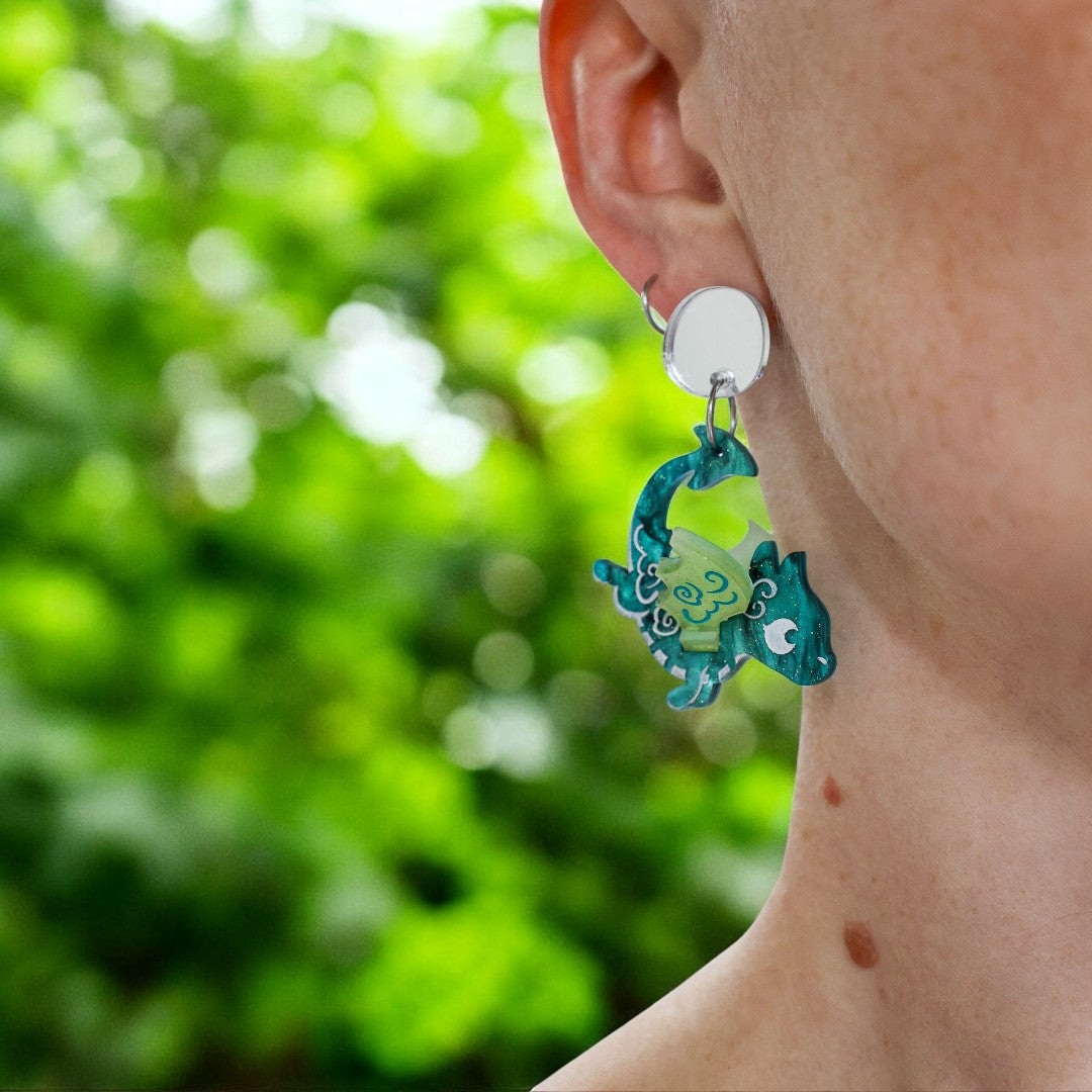 3D 'Galaxa' Teal Dragon Dangles - Acrylic Earrings - Handmade Fantasy Jewellery