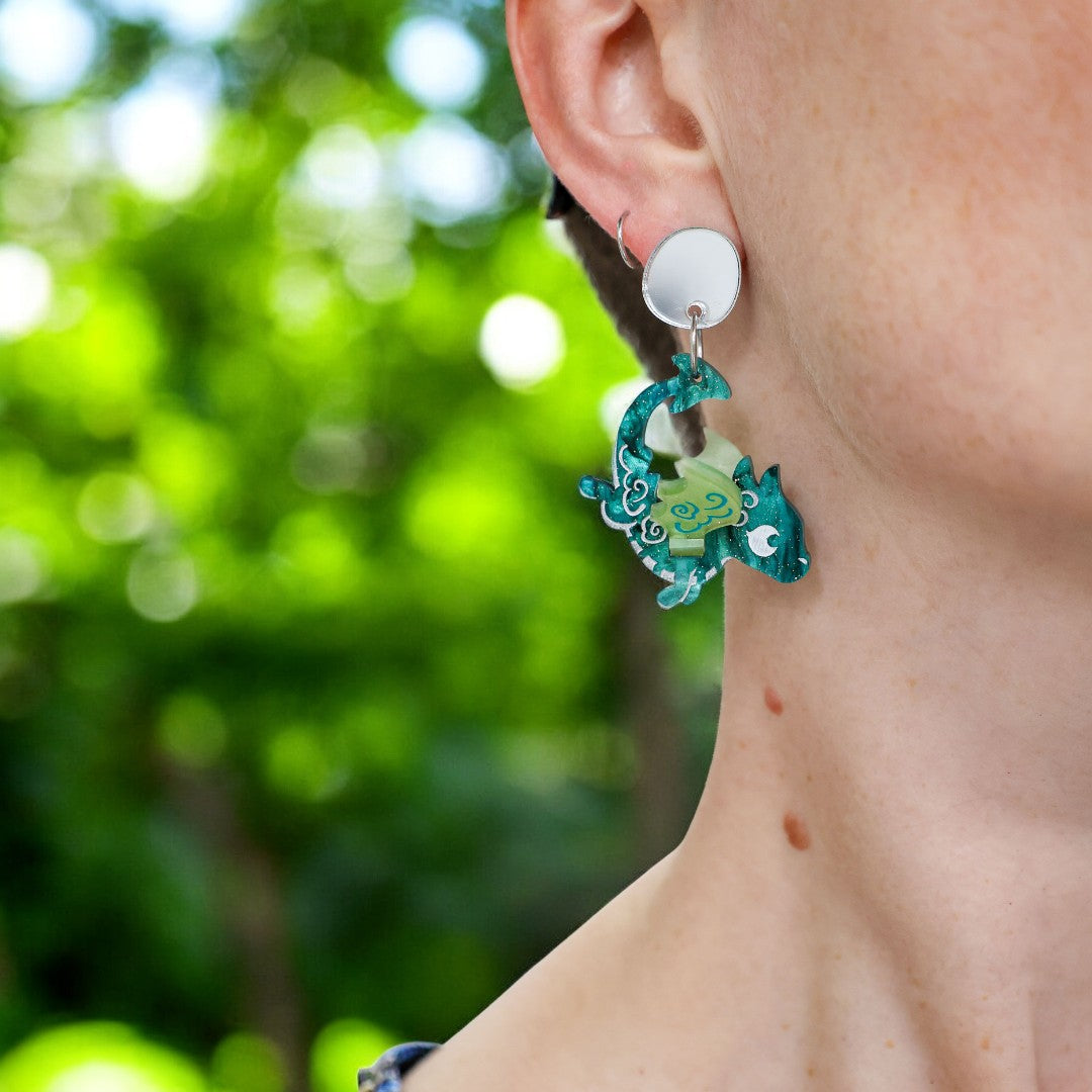 3D 'Galaxa' Teal Dragon Dangles - Acrylic Earrings - Handmade Fantasy Jewellery