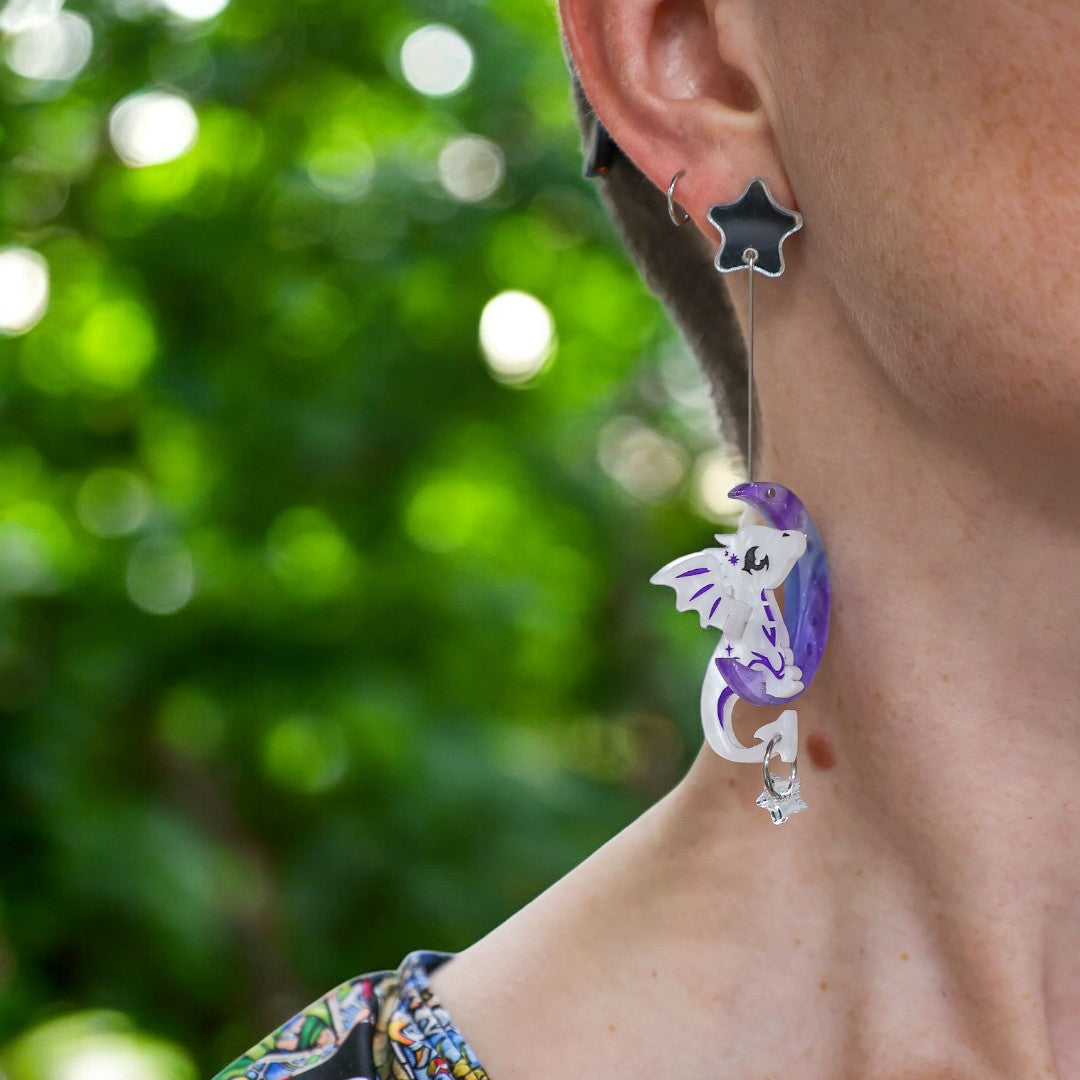 3D 'Luna' Moon Dragon - Acrylic Dangle Earrings - Handmade Fantasy Jewellery