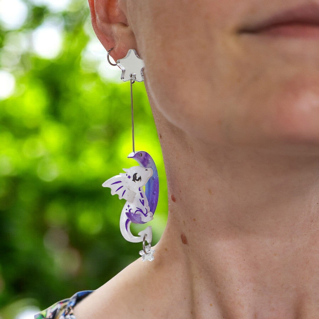 3D 'Luna' Moon Dragon - Acrylic Dangle Earrings - Handmade Fantasy Jewellery