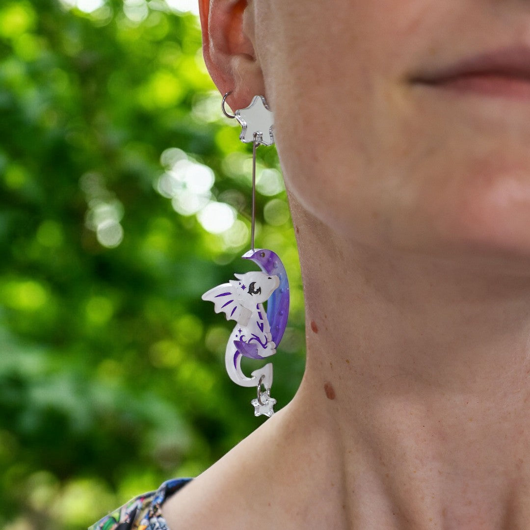 3D 'Luna' Moon Dragon - Acrylic Dangle Earrings - Handmade Fantasy Jewellery