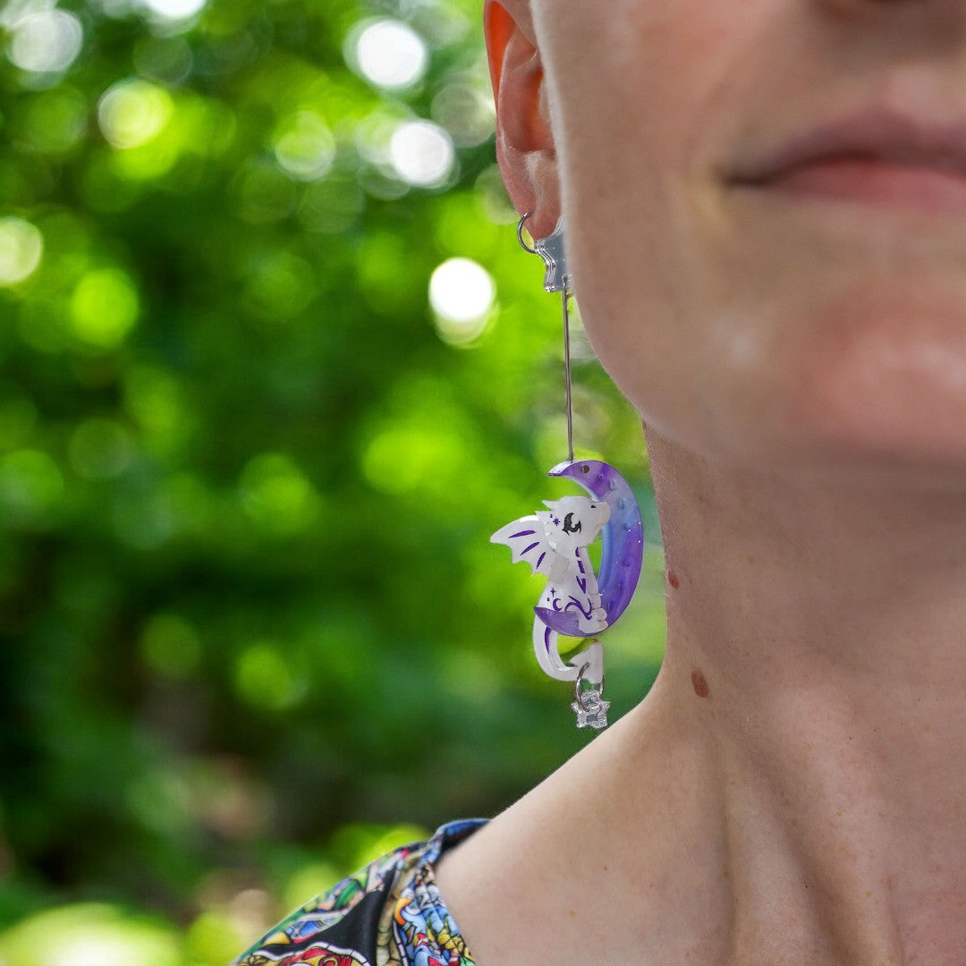 3D 'Luna' Moon Dragon - Acrylic Dangle Earrings - Handmade Fantasy Jewellery