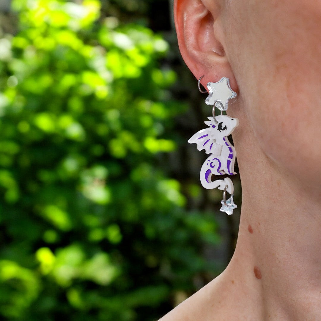 3D ‘Luna’ Dragon Dangles - Acrylic Earrings - Handmade Fantasy Jewellery