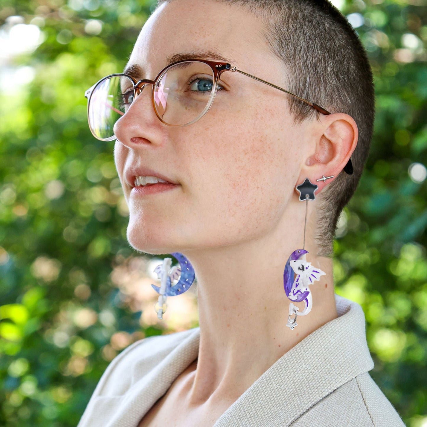 3D 'Luna' Moon Dragon - Acrylic Dangle Earrings - Handmade Fantasy Jewellery